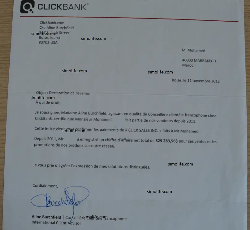 وثيقة رسمية من شركة ClickBank بتاريخ 11 نوفمبر 2013 تؤكد أن أرباح سيمو لايف بلغت 329283.56 دولار